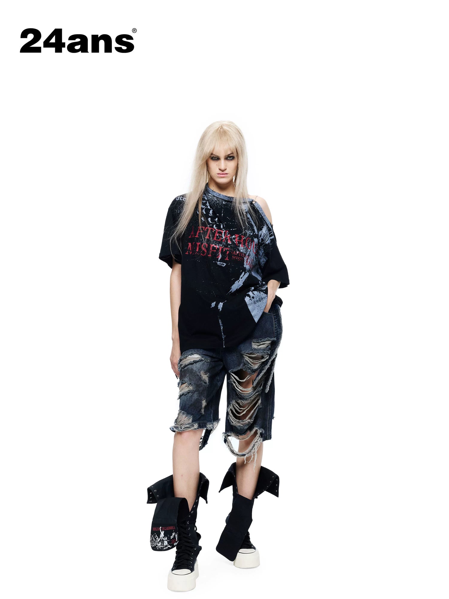 24ans Distressed Tie Dye Print Scoop Back Drop Shoulder Women&