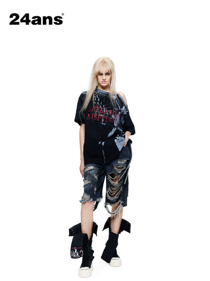 24ans Distressed Tie Dye Print Scoop Back Drop Shoulder Women&