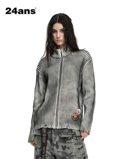 Distressed Two Tone Vintage Zip Up Knit Cardigan