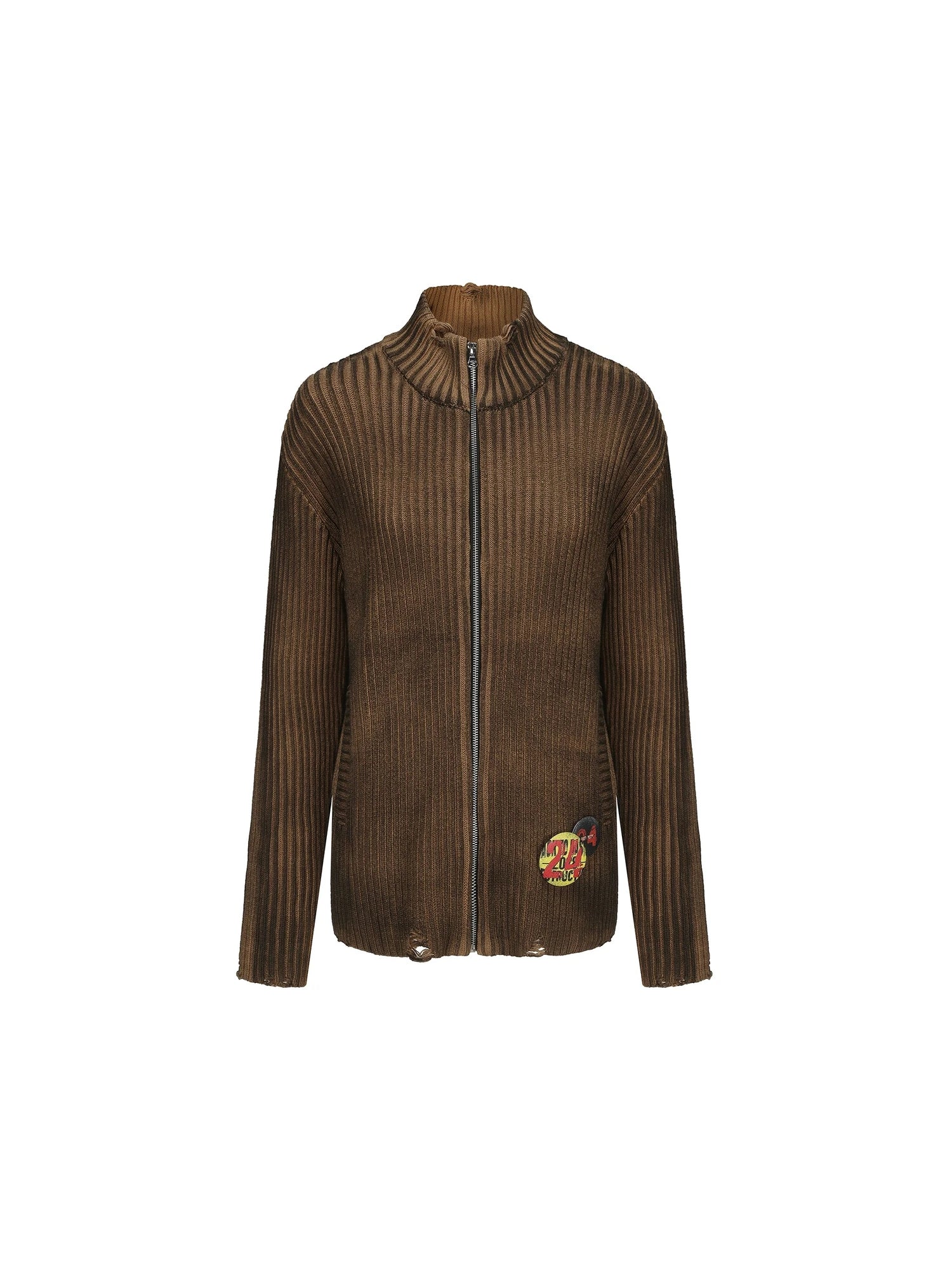 Distressed Two Tone Vintage Zip Up Knit Cardigan