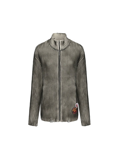 Distressed Two Tone Vintage Zip Up Knit Cardigan