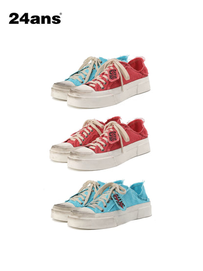 24ans Distressed Wash Denim Low Top Slip On Platform Sneakers-1
