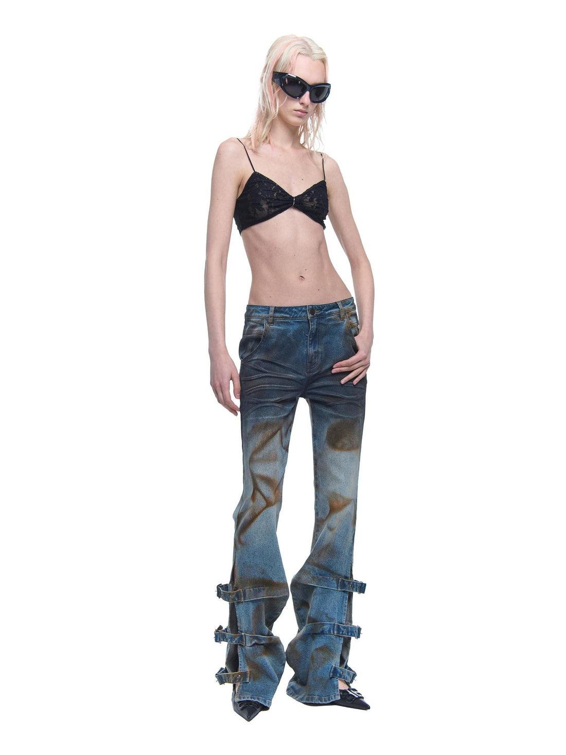 24ans Distressed Wash Flared Denim Pants With Adjustable Slit