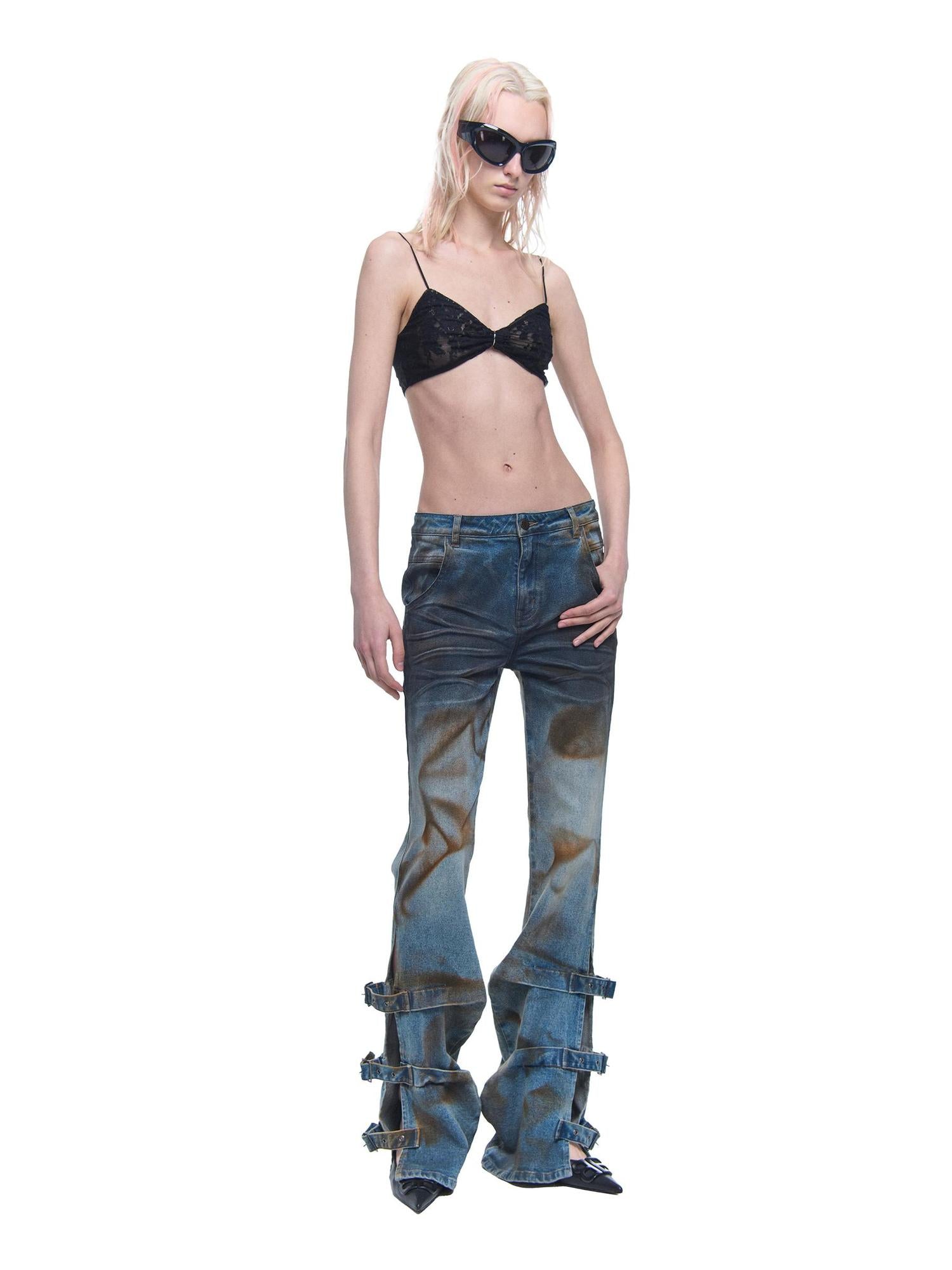 24ans Distressed Wash Flared Denim Pants With Adjustable Slit