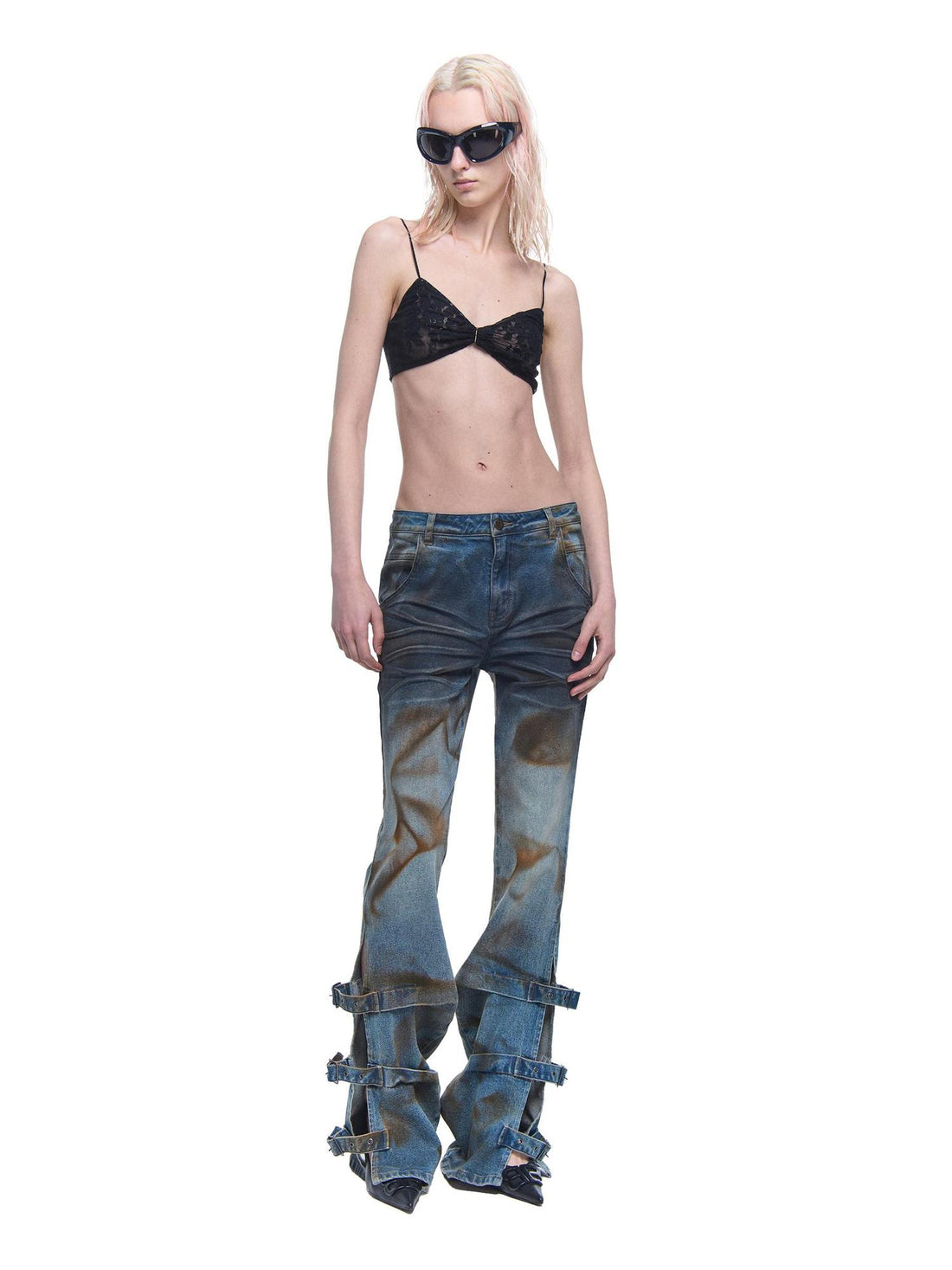 24ans Distressed Wash Flared Denim Pants With Adjustable Slit