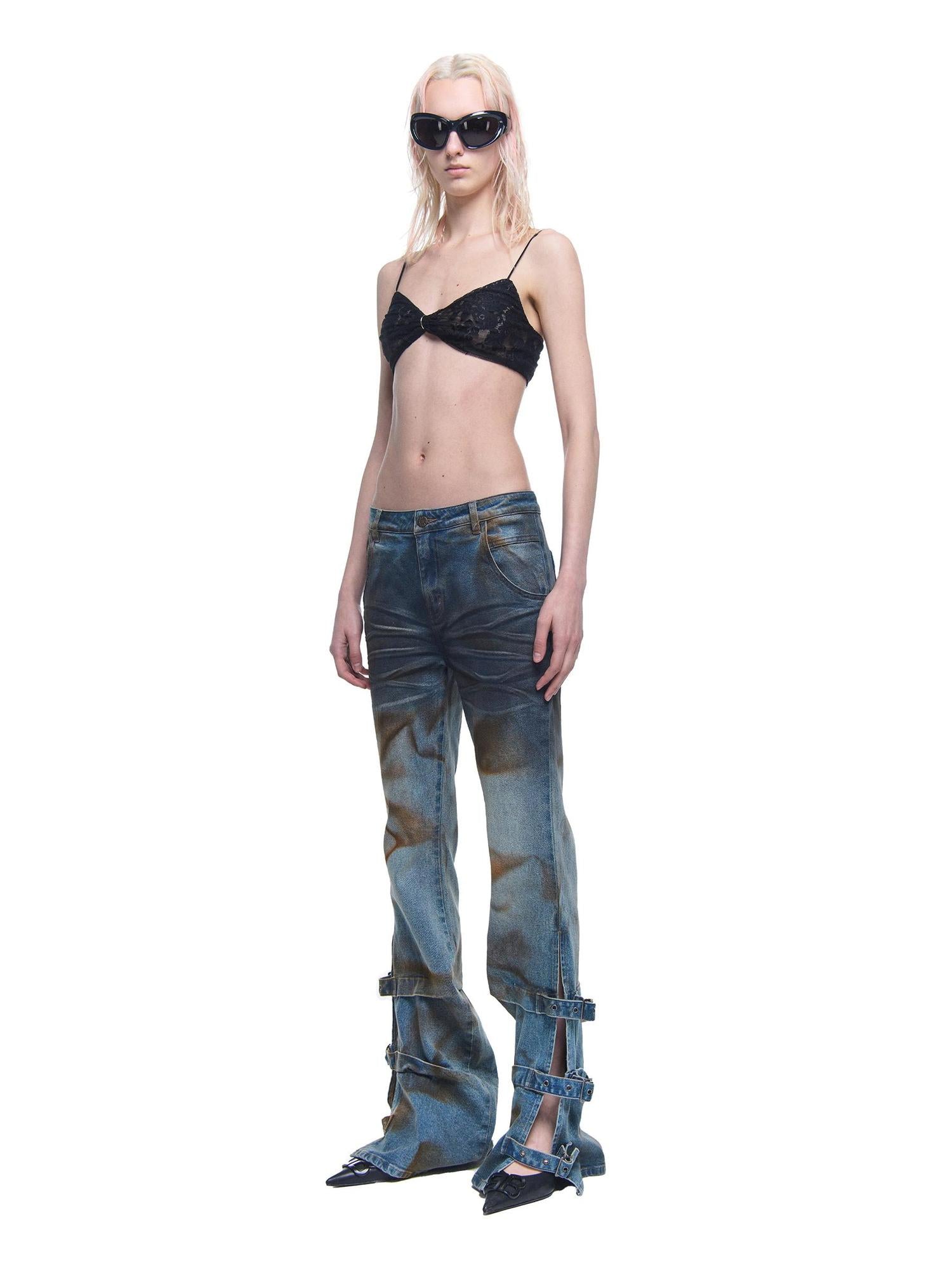 24ans Distressed Wash Flared Denim Pants With Adjustable Slit