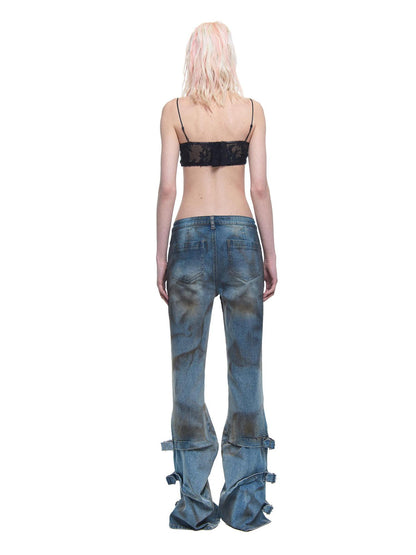 24ans Distressed Wash Flared Denim Pants With Adjustable Slit