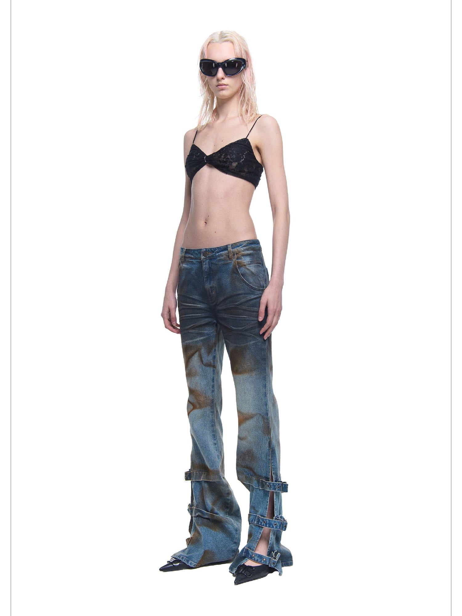 24ans Distressed Wash Flared Denim Pants With Adjustable Slit