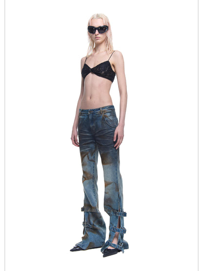 24ans Distressed Wash Flared Denim Pants With Adjustable Slit