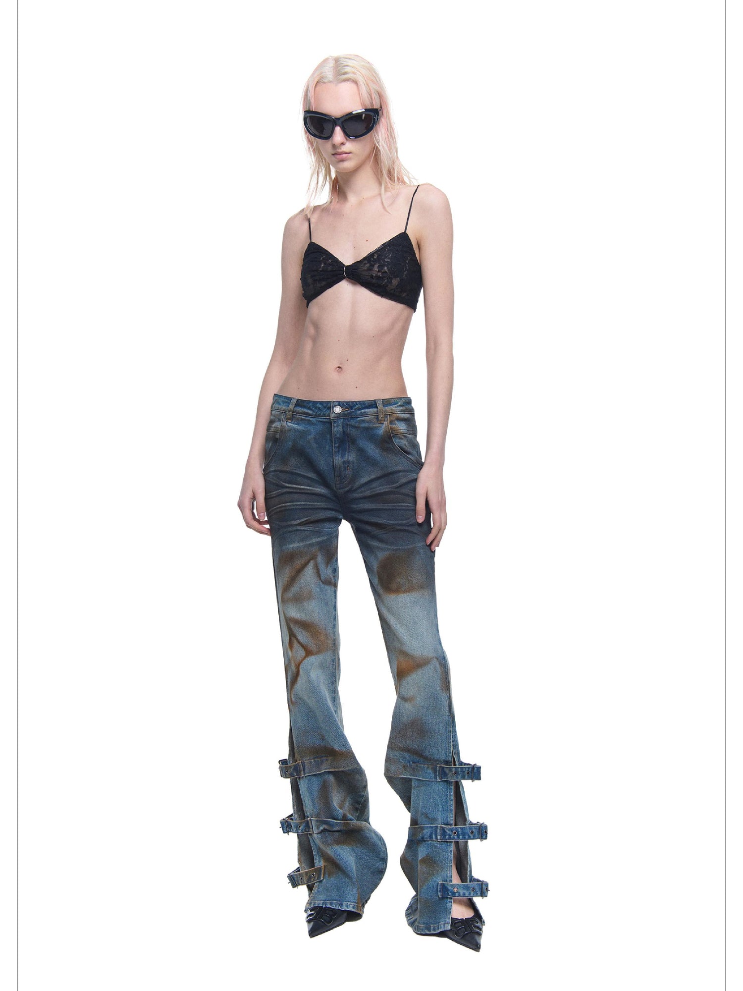 24ans Distressed Wash Flared Denim Pants With Adjustable Slit
