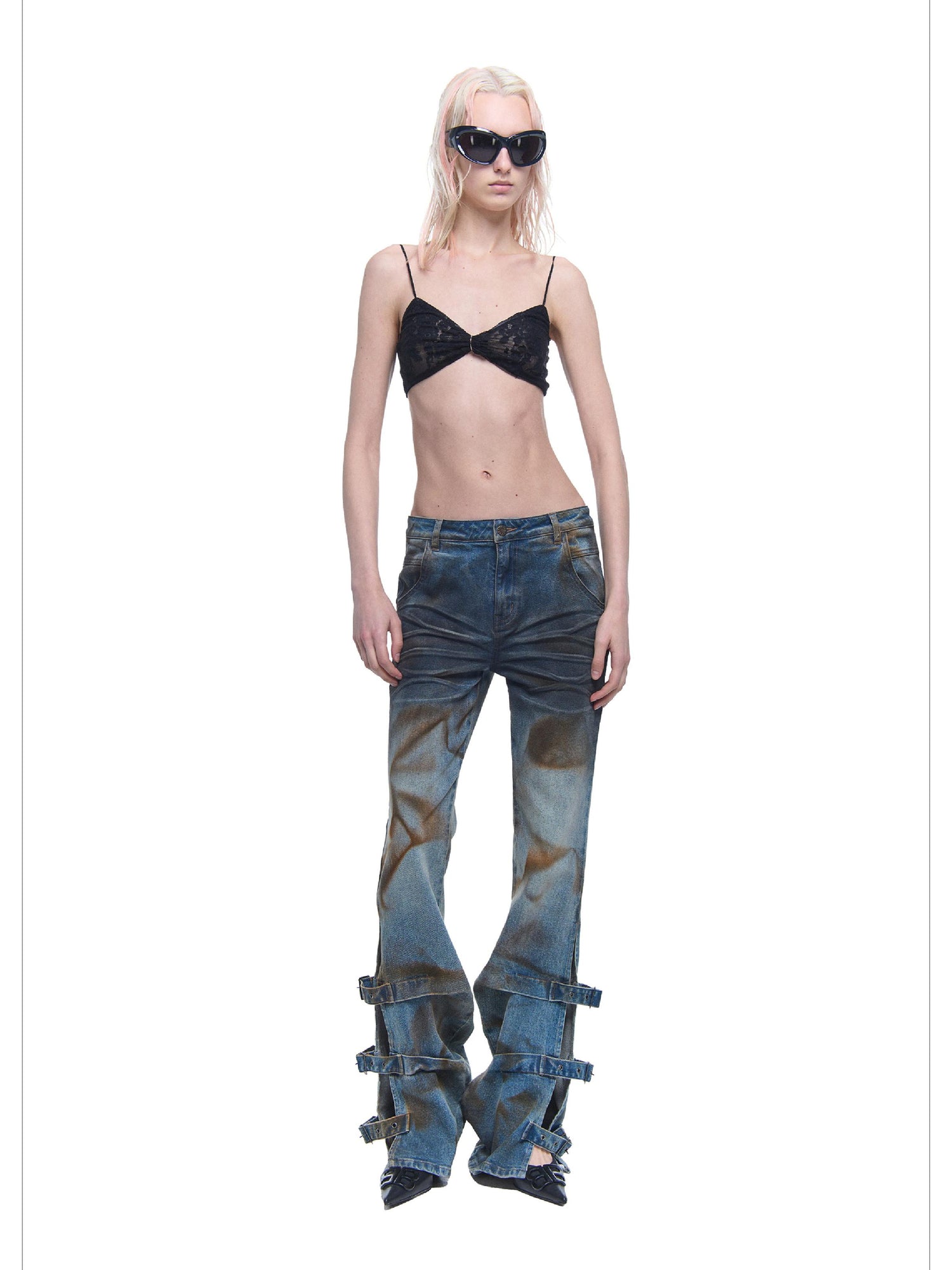 24ans Distressed Wash Flared Denim Pants With Adjustable Slit