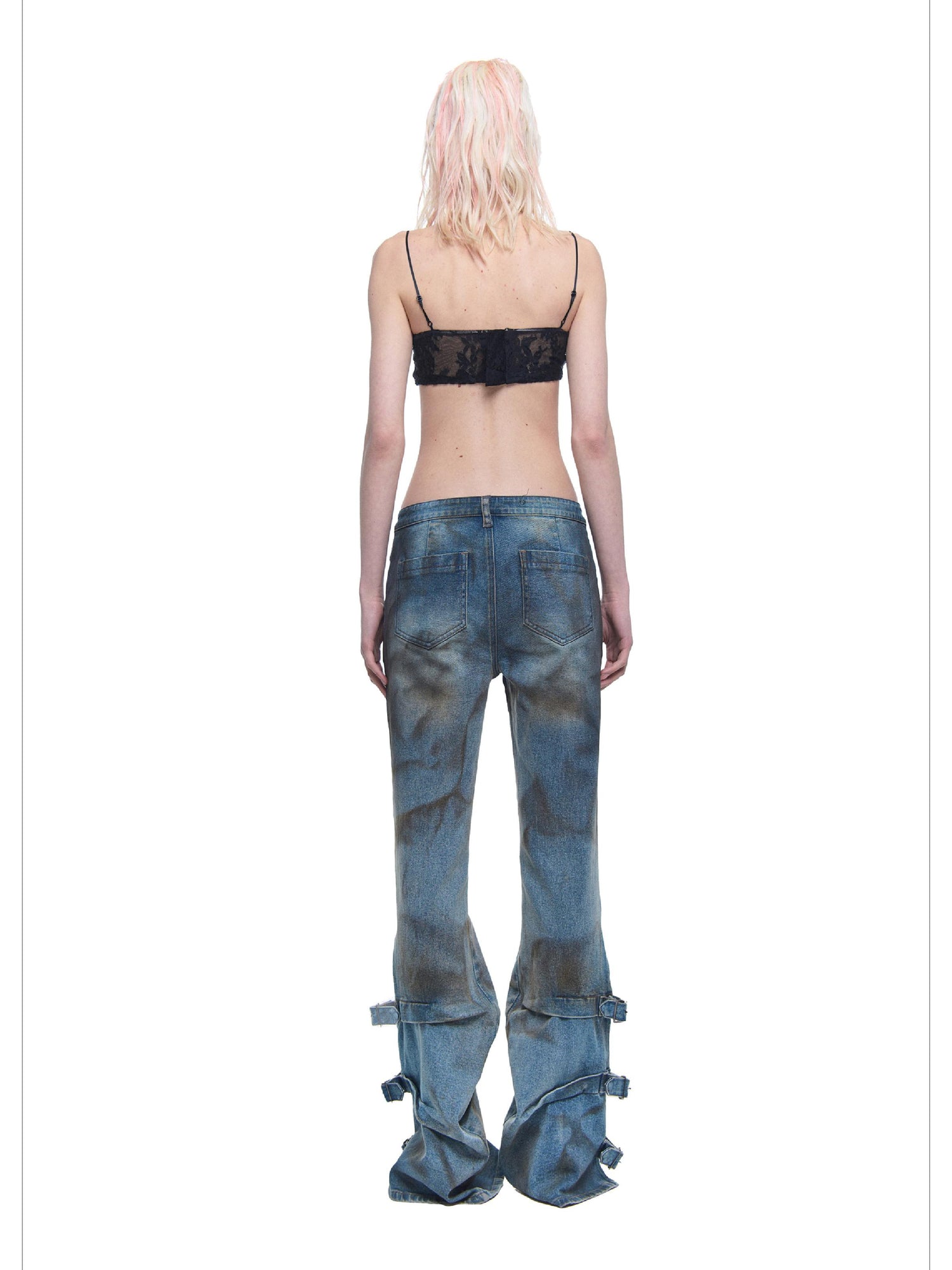 24ans Distressed Wash Flared Denim Pants With Adjustable Slit