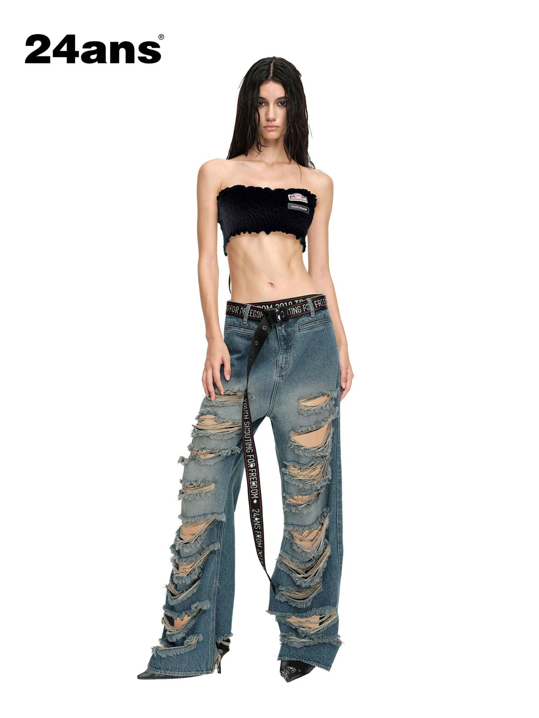 24ans Distressed Washed Ripped Flared Jeans With Natural Drop