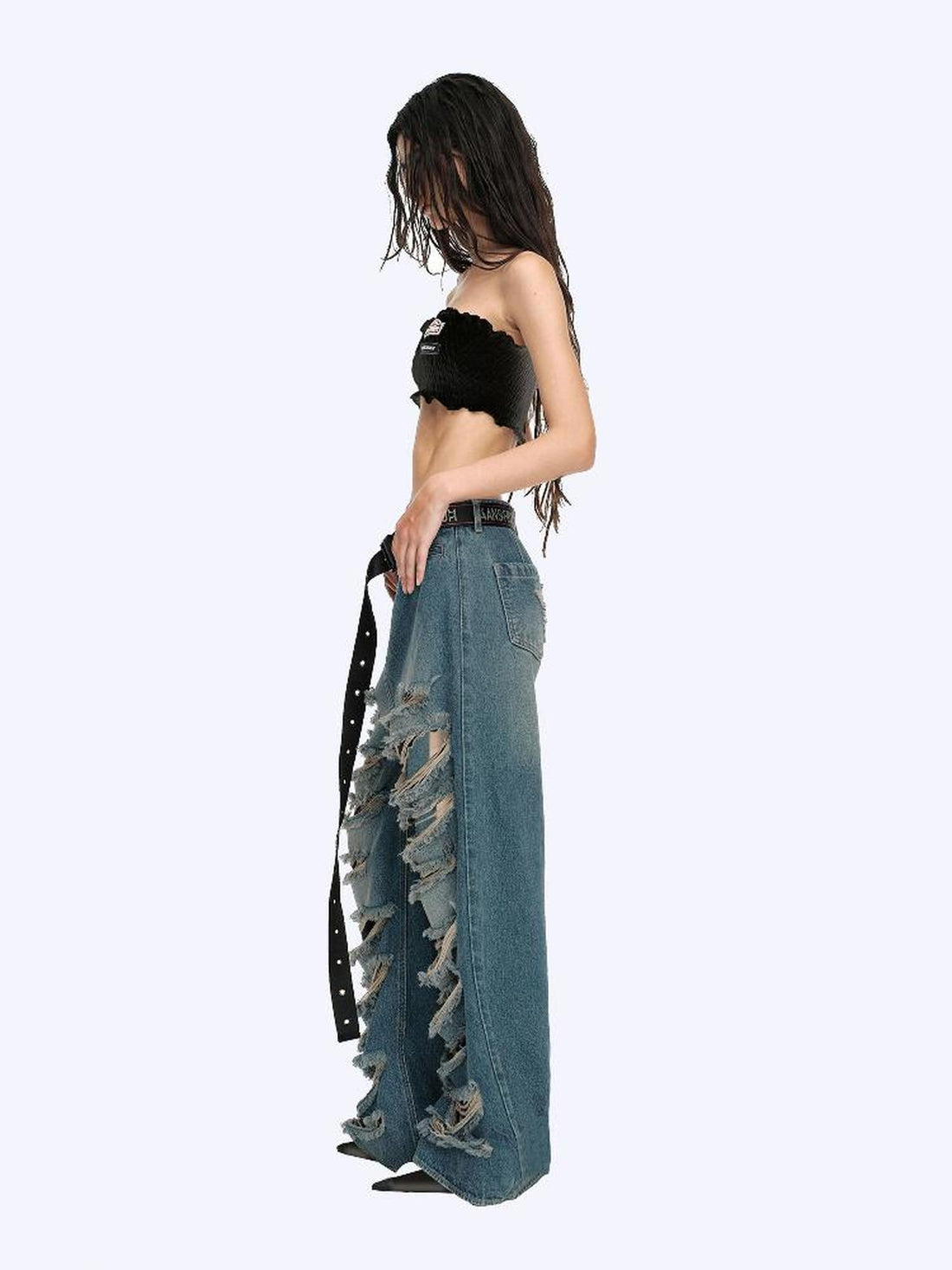 24ans Distressed Washed Ripped Flared Jeans With Natural Drop
