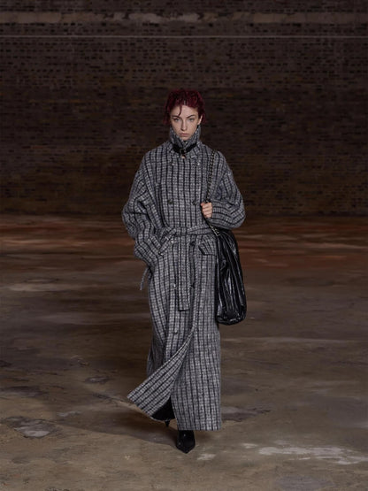Double Breasted Wool Blend Coat In Grey And Yellow