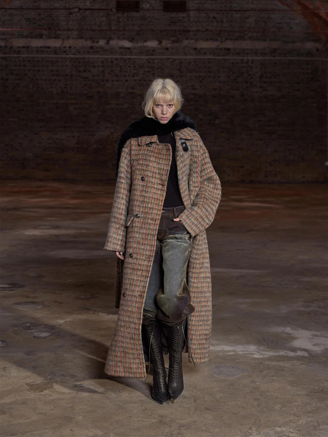 Double Breasted Wool Blend Coat In Grey And Yellow