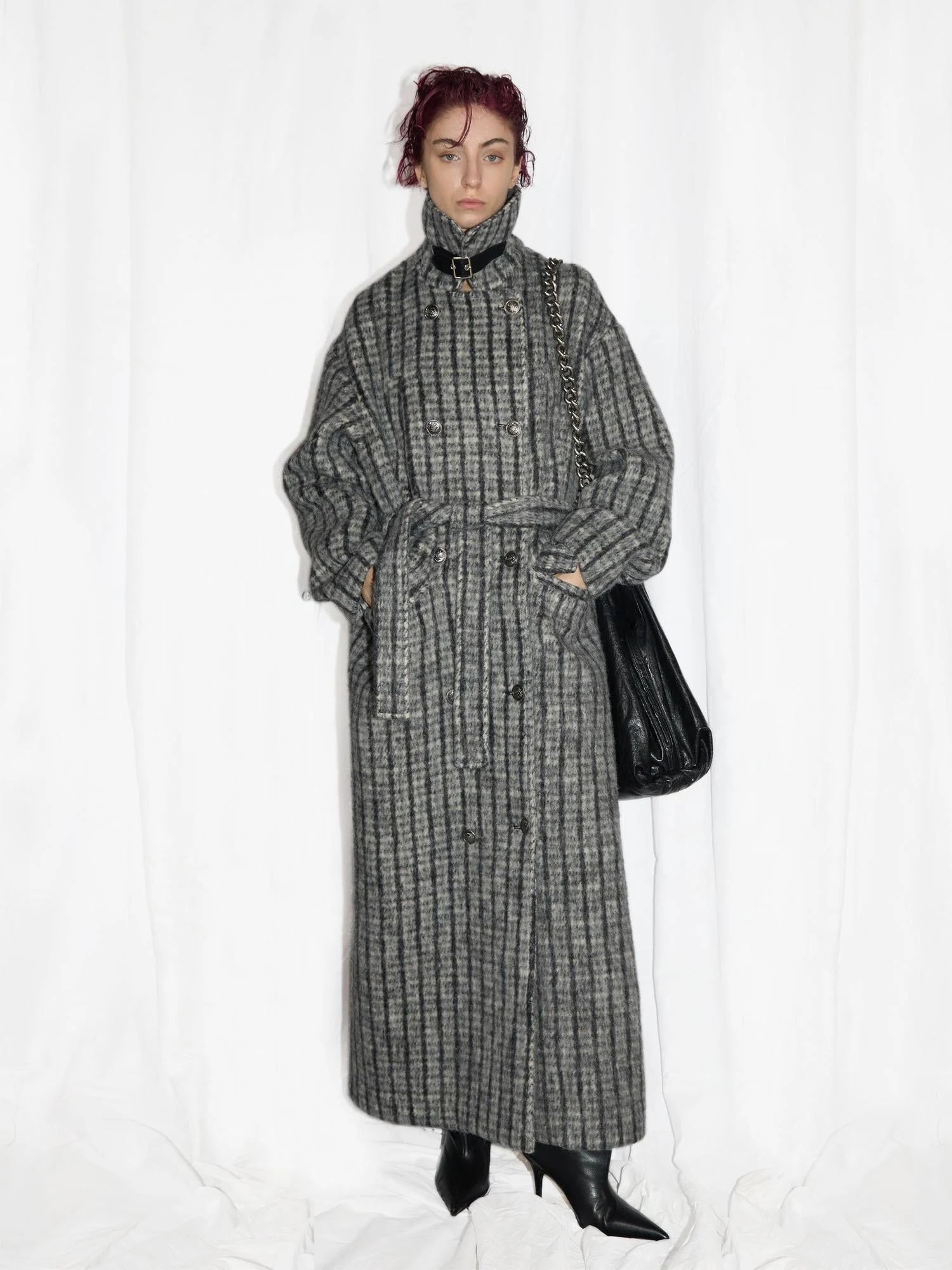 Double Breasted Wool Blend Coat In Grey And Yellow