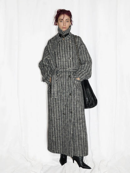 Double Breasted Wool Blend Coat In Grey And Yellow