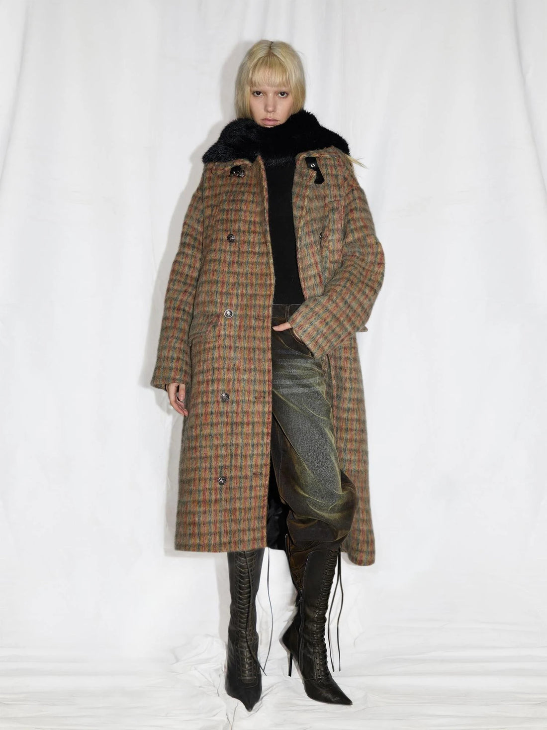 Double Breasted Wool Blend Coat In Grey And Yellow