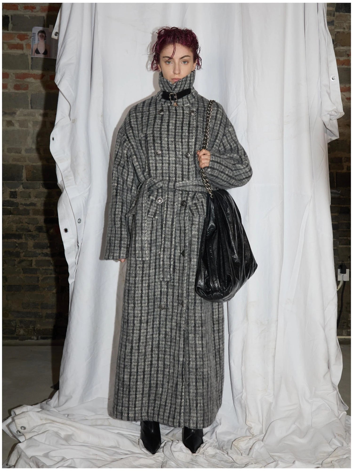 Double Breasted Wool Blend Coat In Grey And Yellow