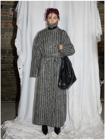Double Breasted Wool Blend Coat In Grey And Yellow