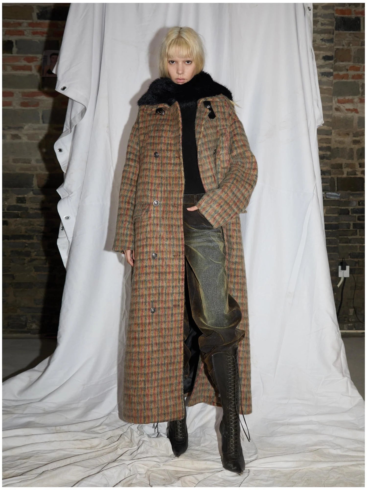 Double Breasted Wool Blend Coat In Grey And Yellow