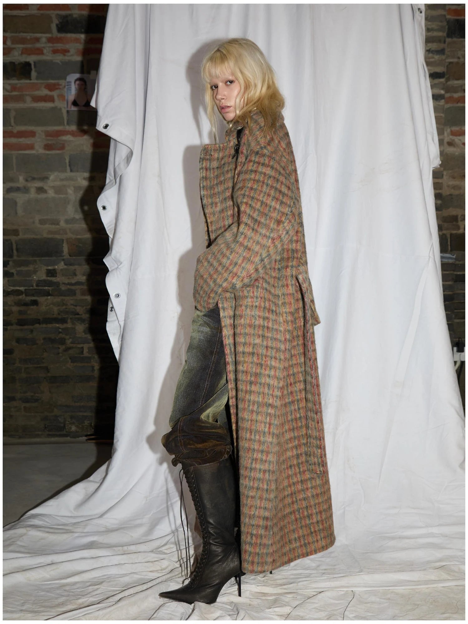 Double Breasted Wool Blend Coat In Grey And Yellow