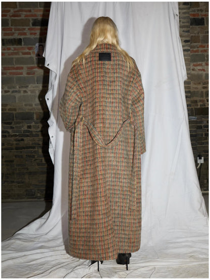 Double Breasted Wool Blend Coat In Grey And Yellow