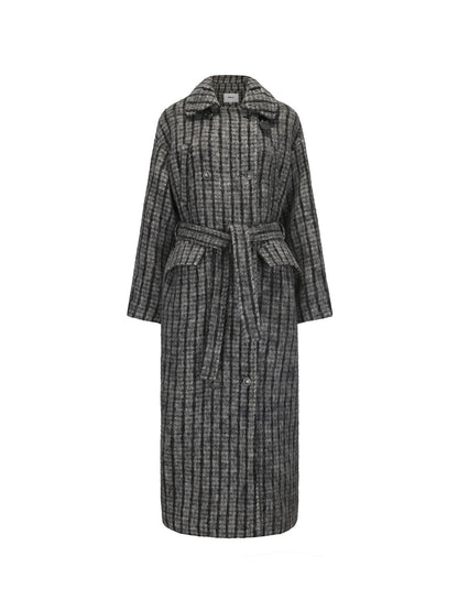 Double Breasted Wool Blend Coat In Grey And Yellow