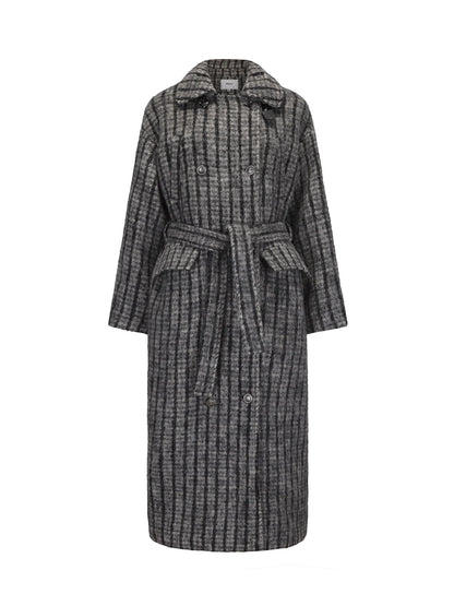 Double Breasted Wool Blend Coat In Grey And Yellow