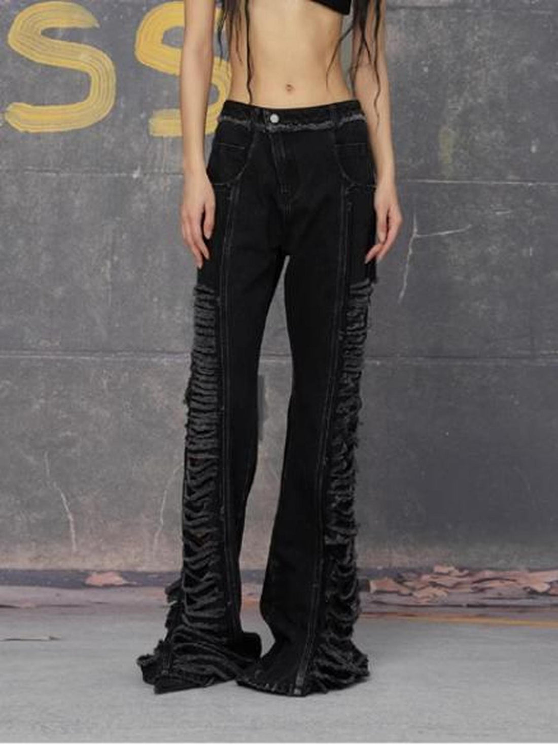 24ans Double Color Side Frayed Ripped Flared Denim Pants