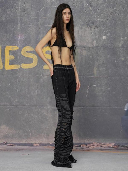 24ans Double Color Side Frayed Ripped Flared Denim Pants
