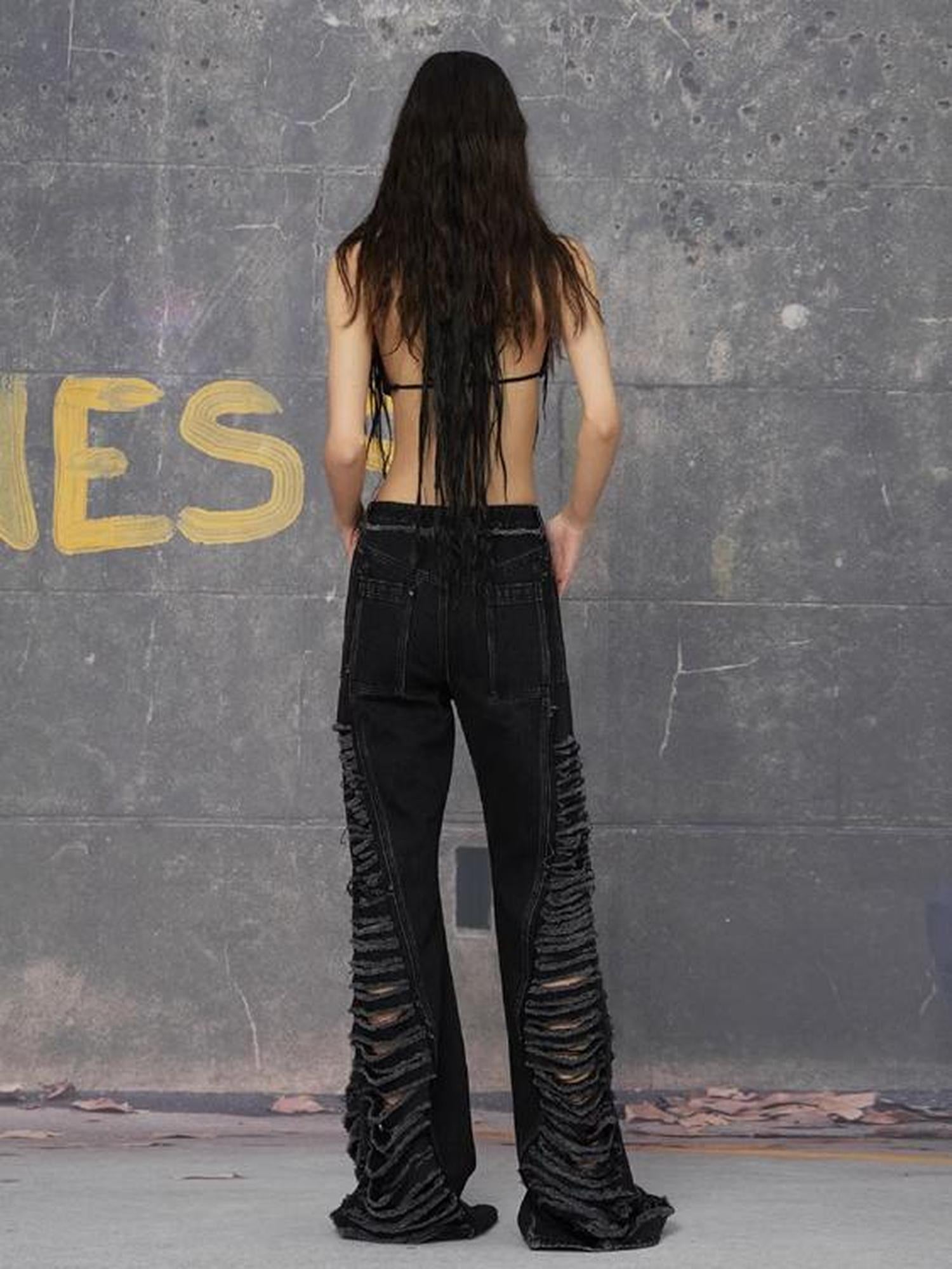 24ans Double Color Side Frayed Ripped Flared Denim Pants