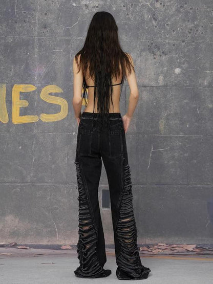 24ans Double Color Side Frayed Ripped Flared Denim Pants