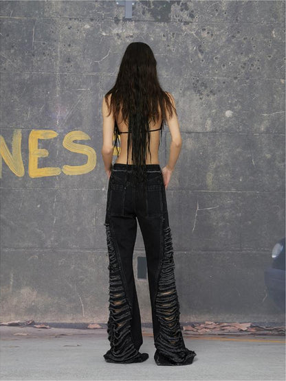 24ans Double Color Side Frayed Ripped Flared Denim Pants
