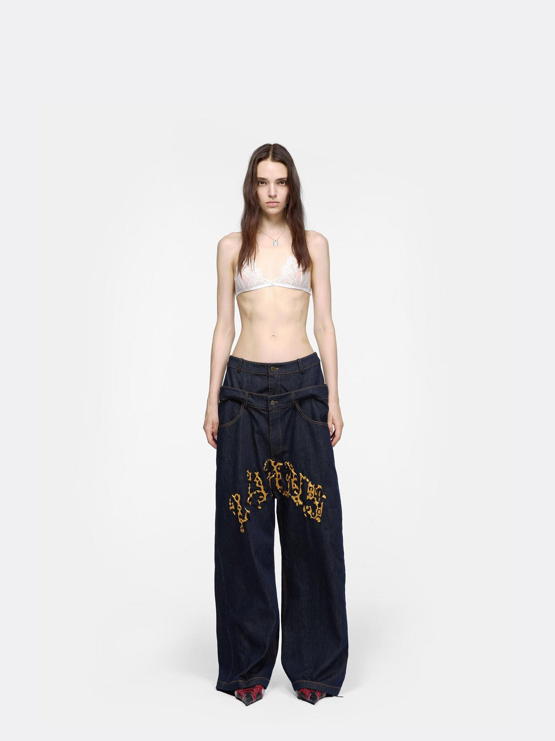 24ans Double Waist Drop Crotch Embroidered Jeans