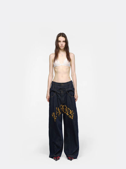 24ans Double Waist Drop Crotch Embroidered Jeans-1