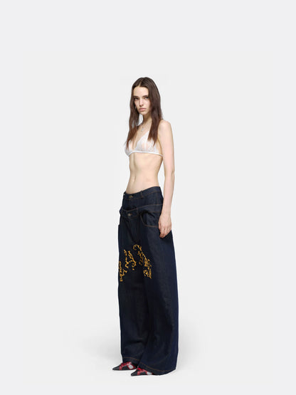 24ans Double Waist Drop Crotch Embroidered Jeans-2
