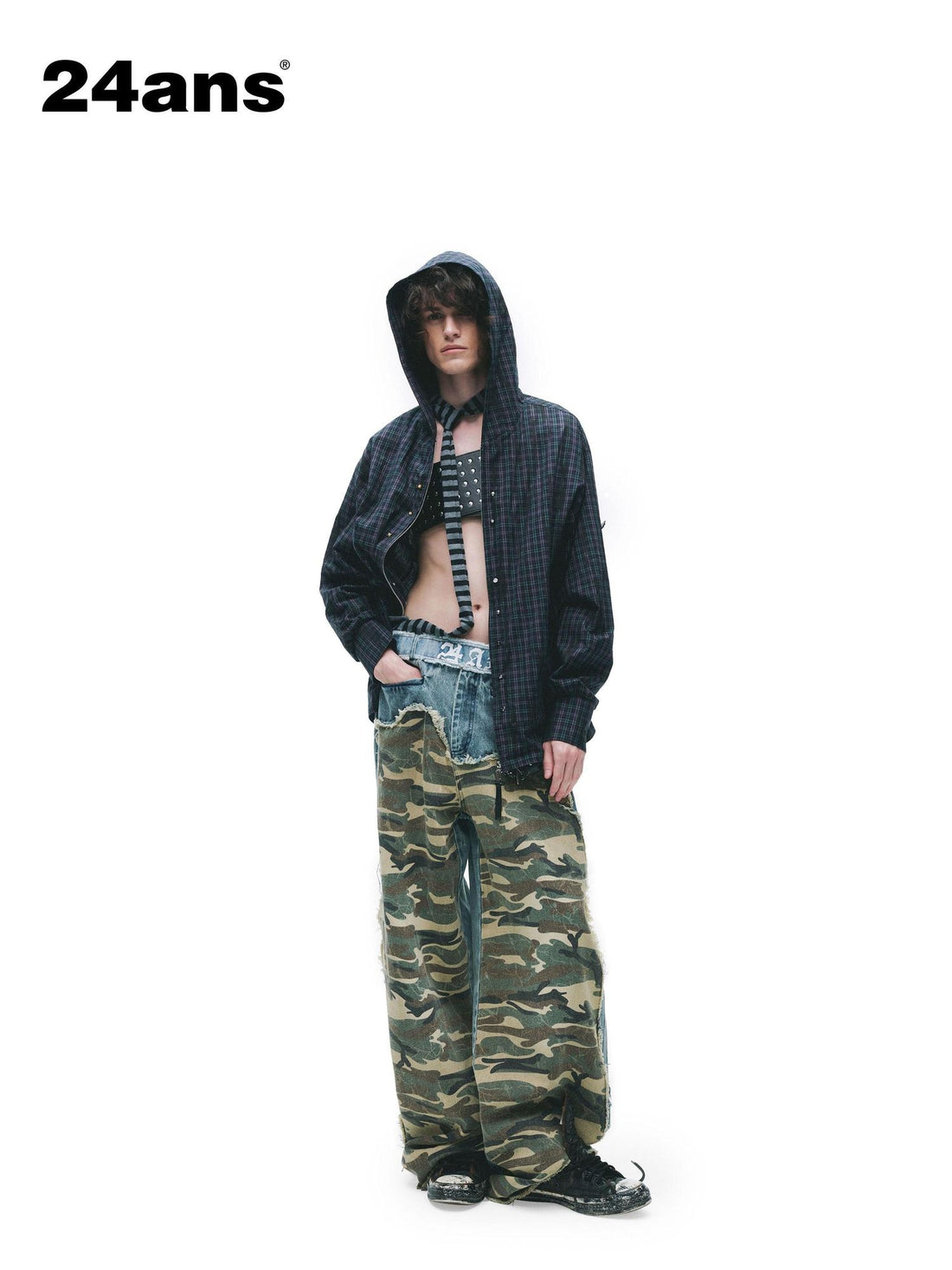 24ans Durable Cotton Punk Loose Hooded Plaid Unisex Long Sleeve Shirts
