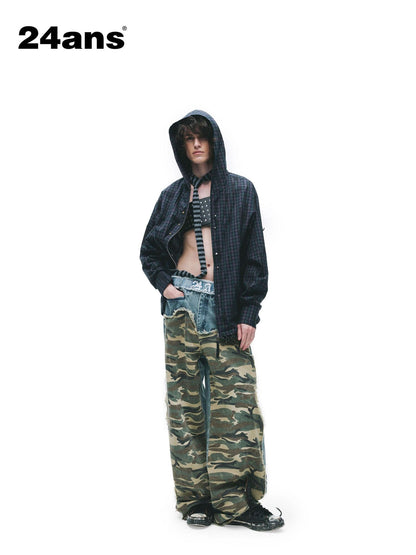 24ans Durable Cotton Punk Loose Hooded Plaid Unisex Long Sleeve Shirts