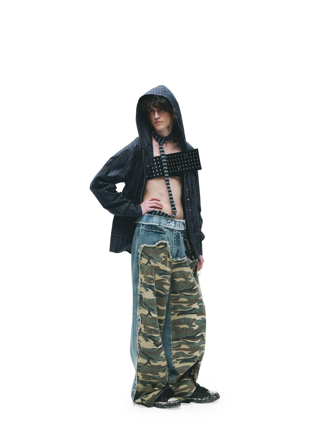 24ans Durable Cotton Punk Loose Hooded Plaid Unisex Long Sleeve Shirts