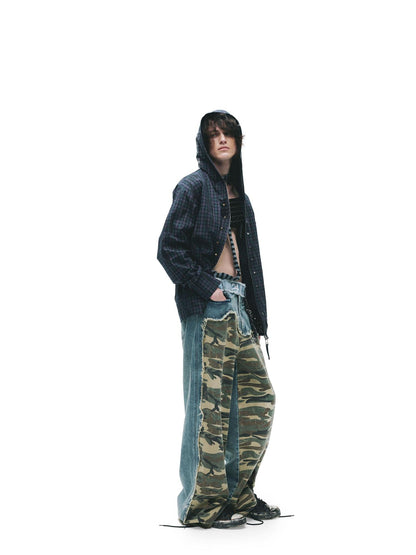 24ans Durable Cotton Punk Loose Hooded Plaid Unisex Long Sleeve Shirts