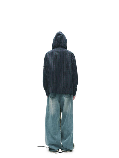 24ans Durable Cotton Punk Loose Hooded Plaid Unisex Long Sleeve Shirts