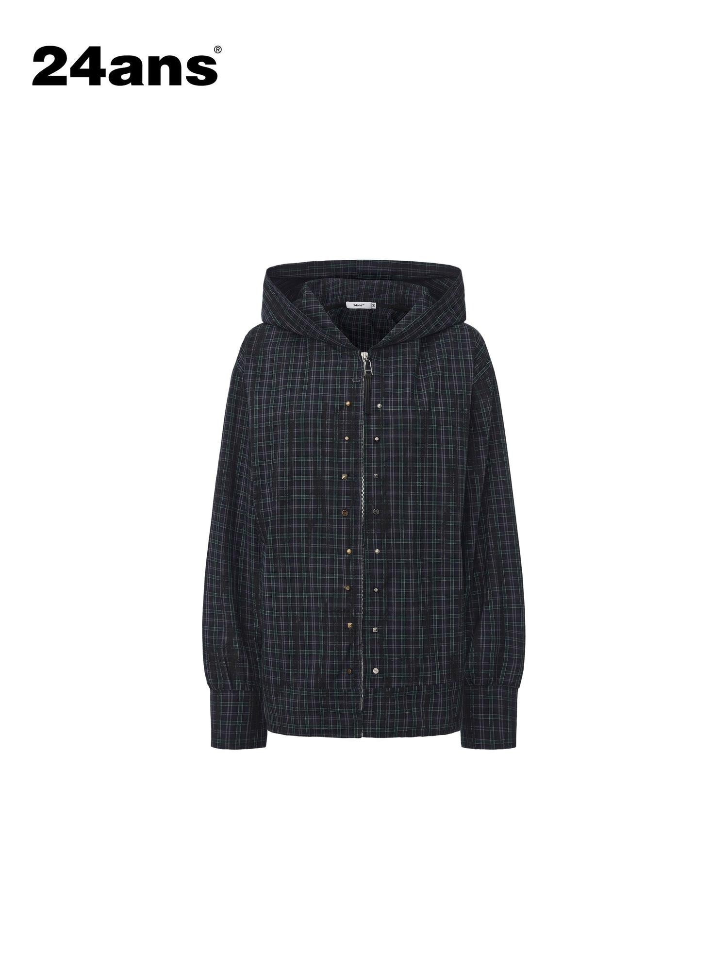 24ans Durable Cotton Punk Loose Hooded Plaid Unisex Long Sleeve Shirts