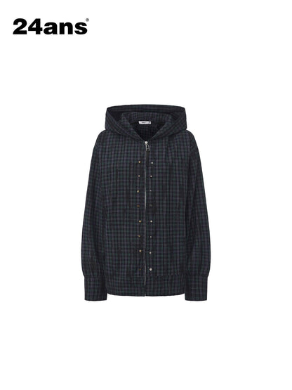 24ans Durable Cotton Punk Loose Hooded Plaid Unisex Long Sleeve Shirts
