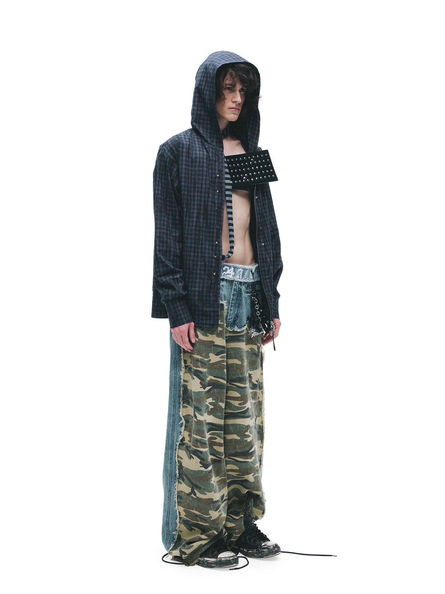 24ans Durable Cotton Punk Loose Hooded Plaid Unisex Long Sleeve Shirts