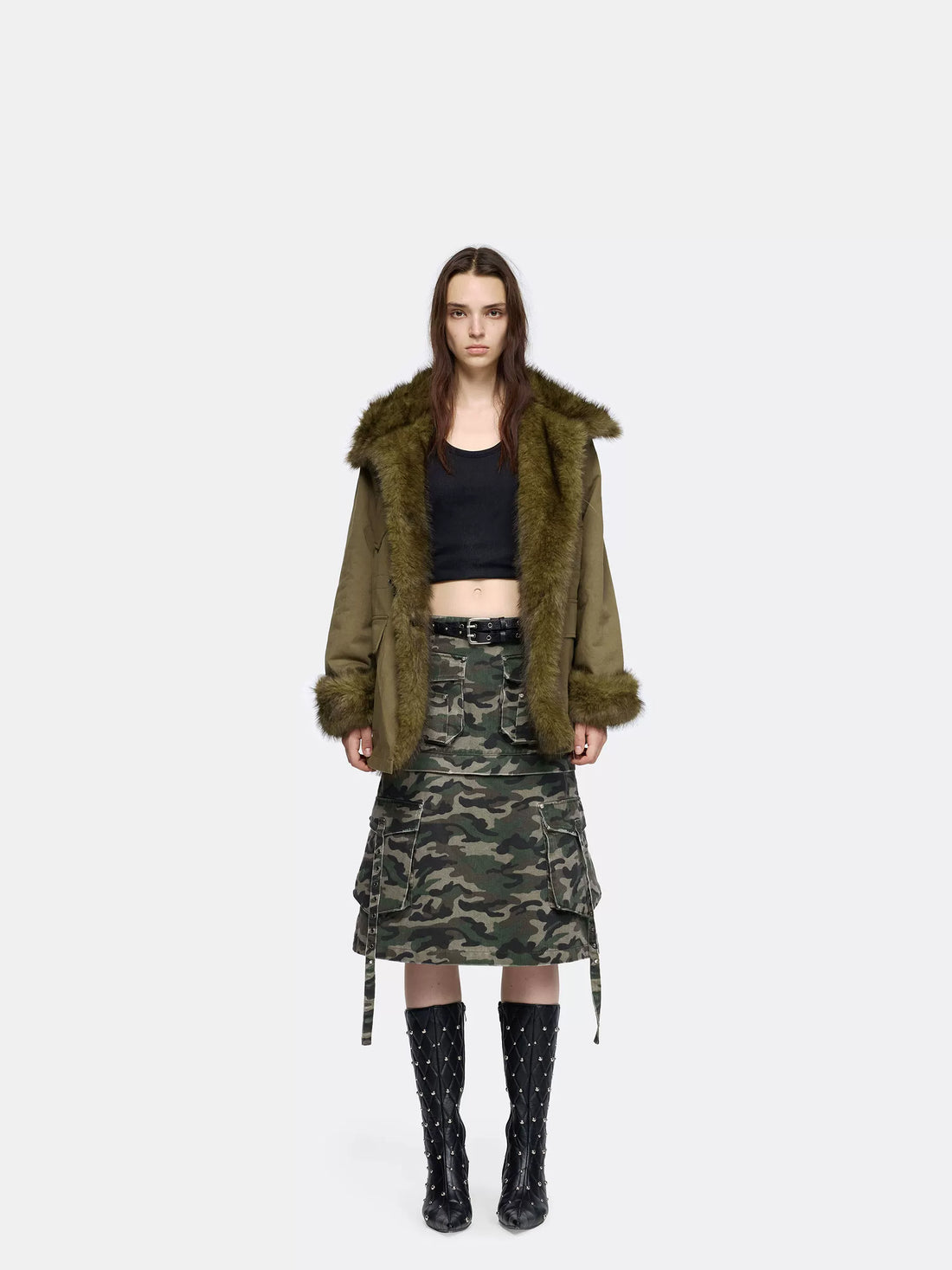 24ans Edgy Punk Street Long Sleeve Regular Fit Unisex Olive Black Jacket-1