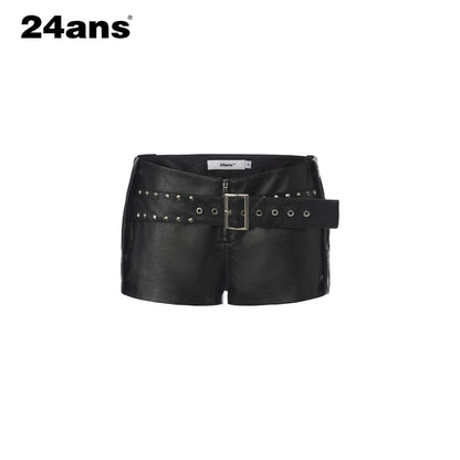 24ans Edgy Studded Pu Lace Up Natural Waist Zip Front Women Grunge Hot Pants