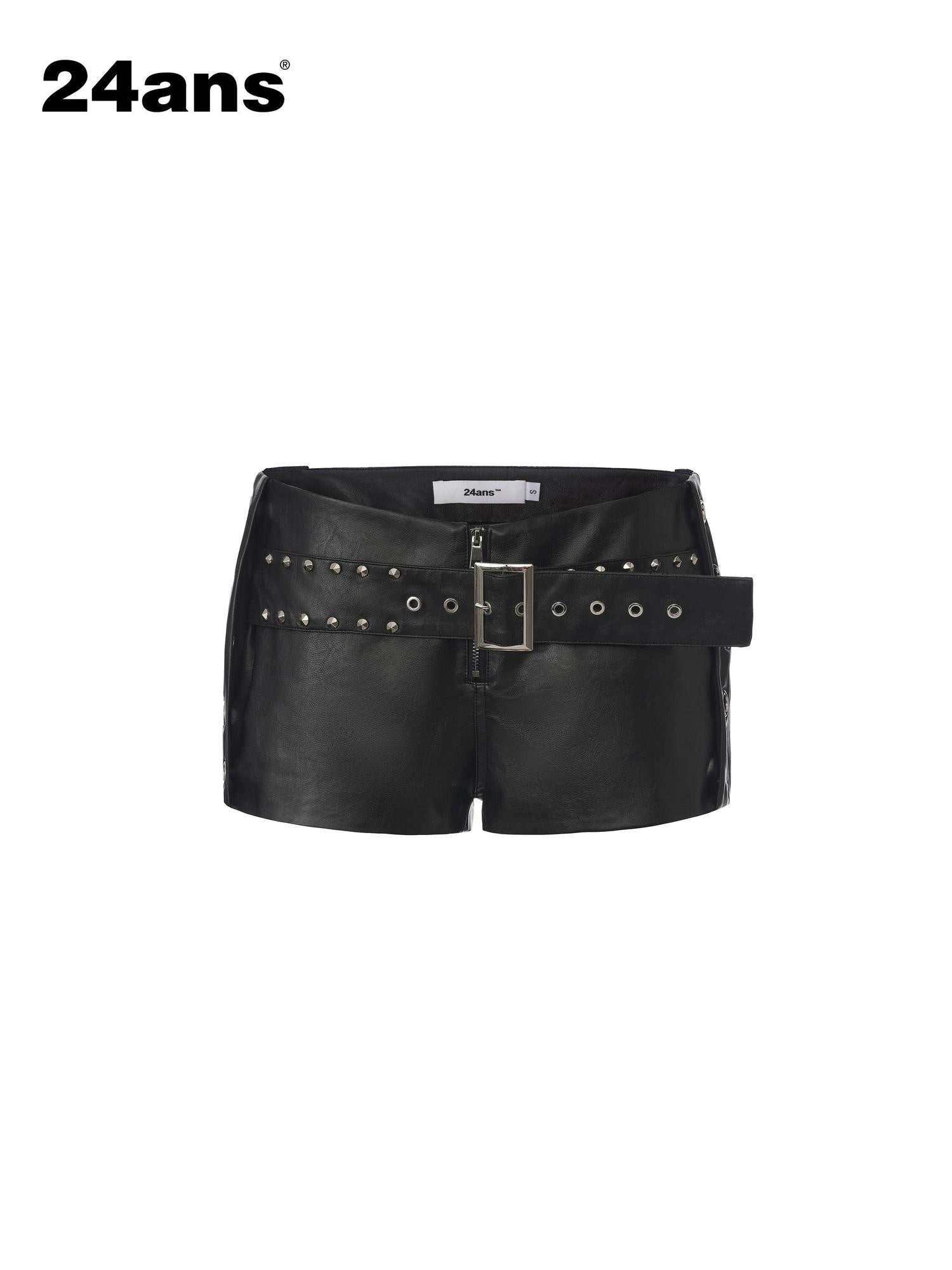 24ans Edgy Studded Pu Lace Up Natural Waist Zip Front Women Grunge Hot Pants