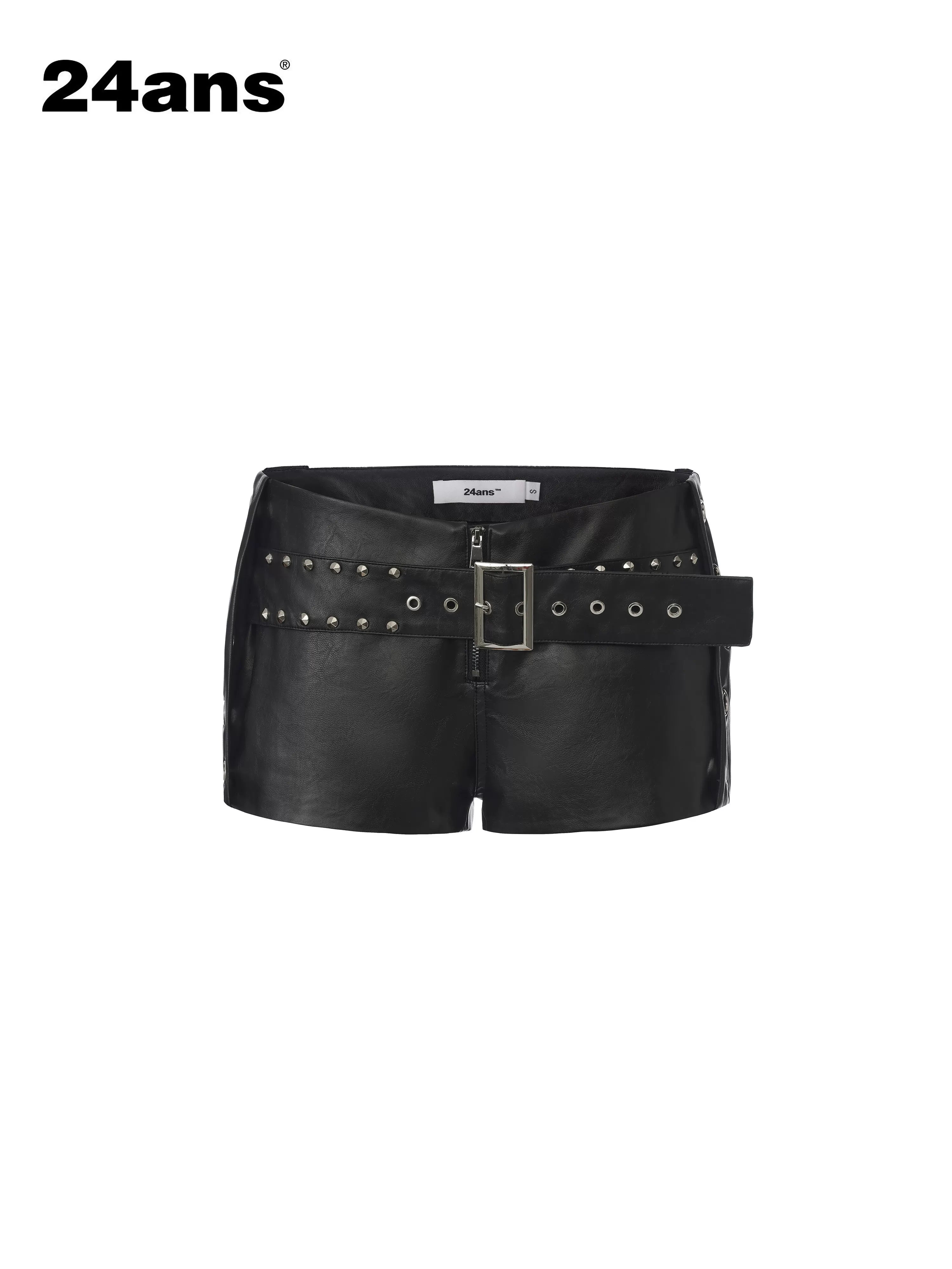 24ans Edgy Studded Pu Lace Up Natural Waist Zip Front Women Grunge Hot Pants-1